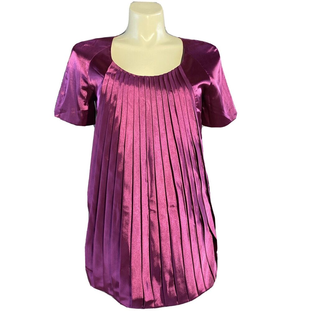 Michael Kors Tunic 12 Short‎ Dress Satin Box Pleat Neck Shift Fuchsia Lined